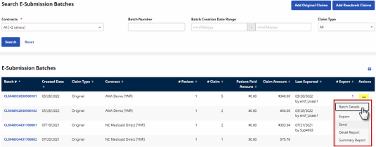 The accessed ellipsis icon under the rightmost Actions column displays options for the E-Submission Batch, such as export, send, detail, or summary report.